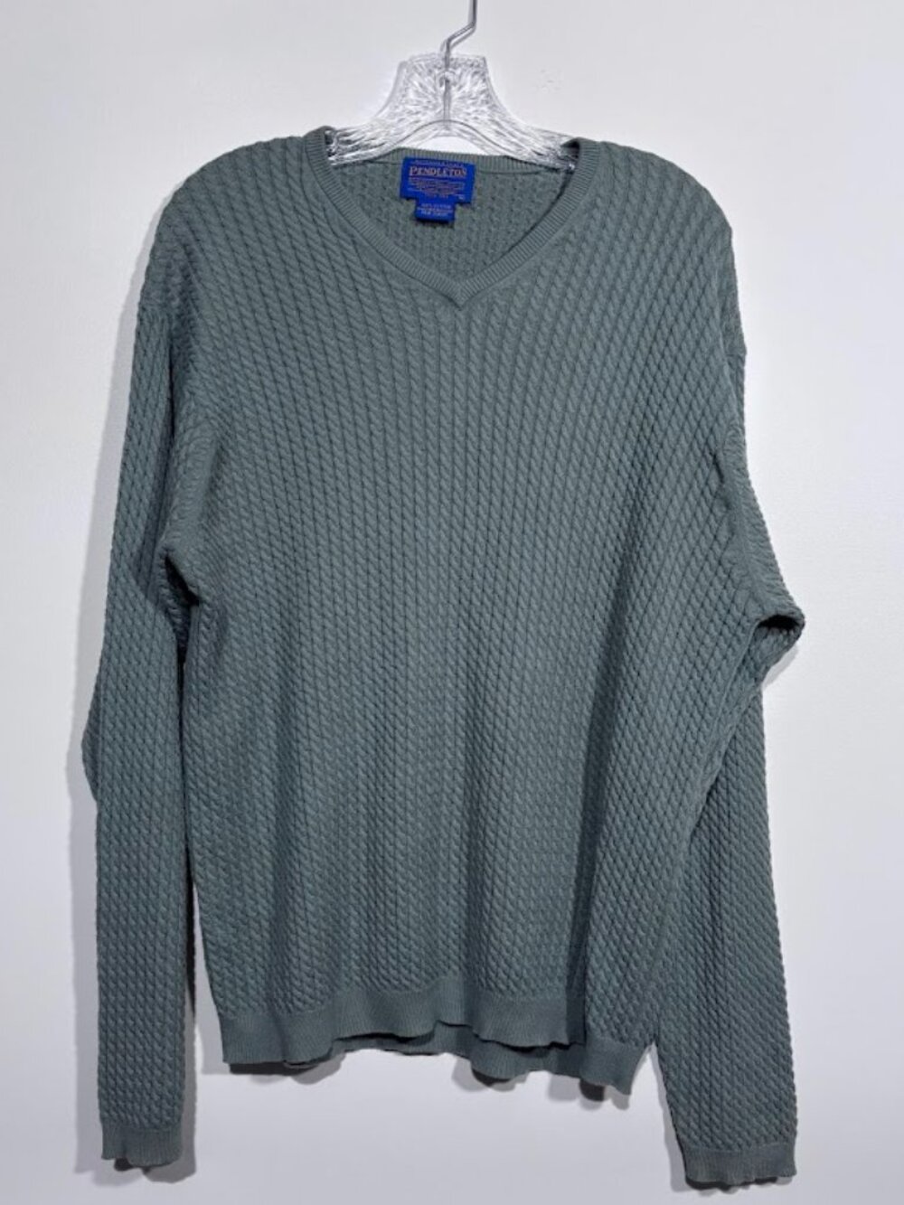 Pendleton V-neck Slate Green  Vintage Cotton Sweater unisex Size L